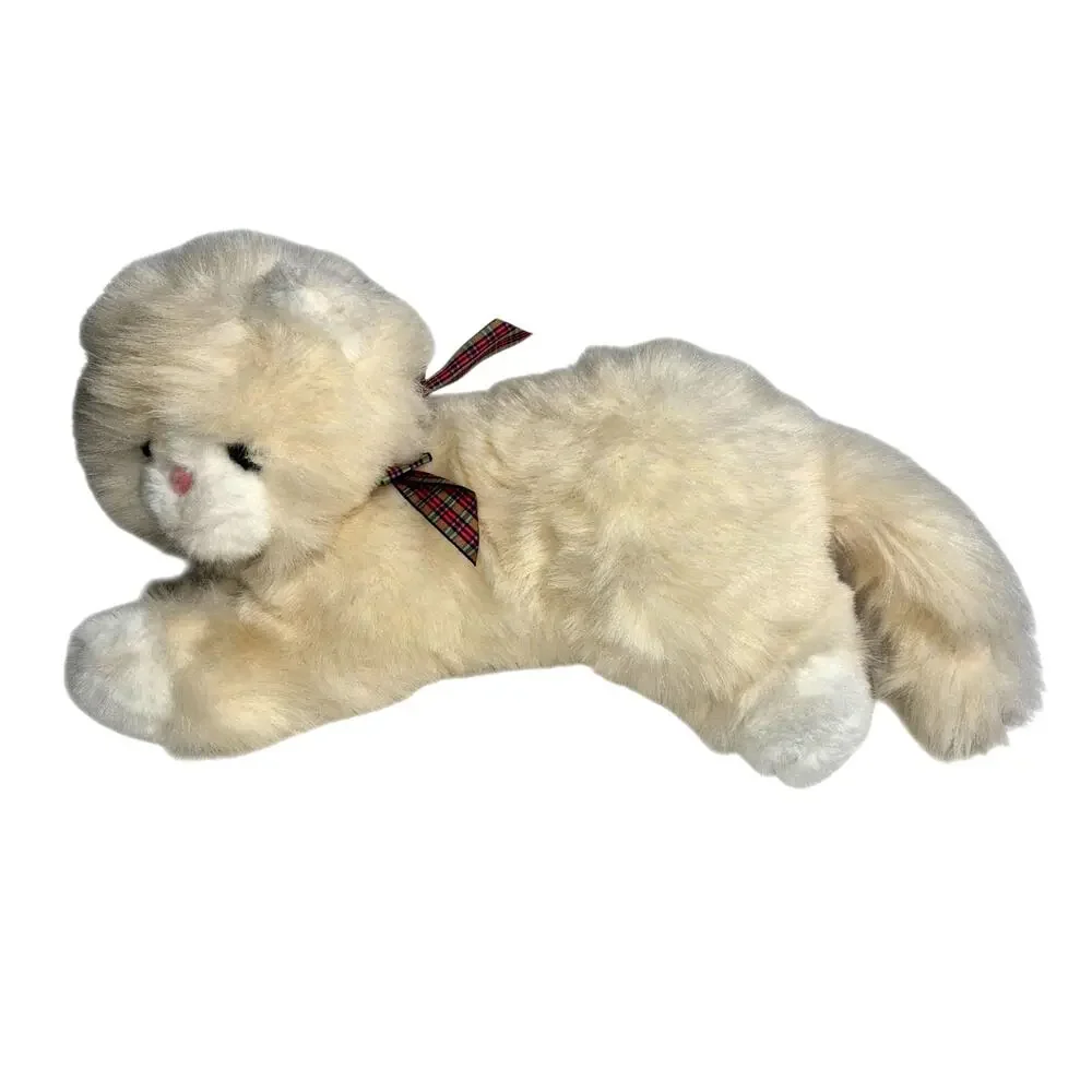 Vintage 1990s Commonwealth Toy Persian Style Plush Cat Beige Plaid Bow 13